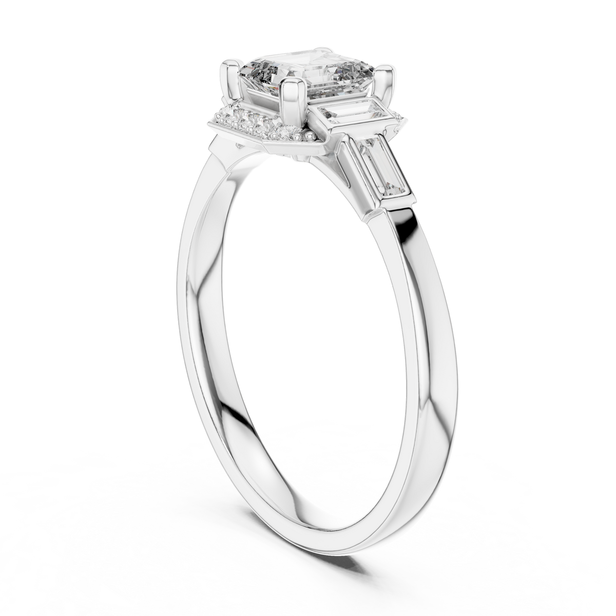 White gold radiant halo engagement ring with square center stone and side diamonds