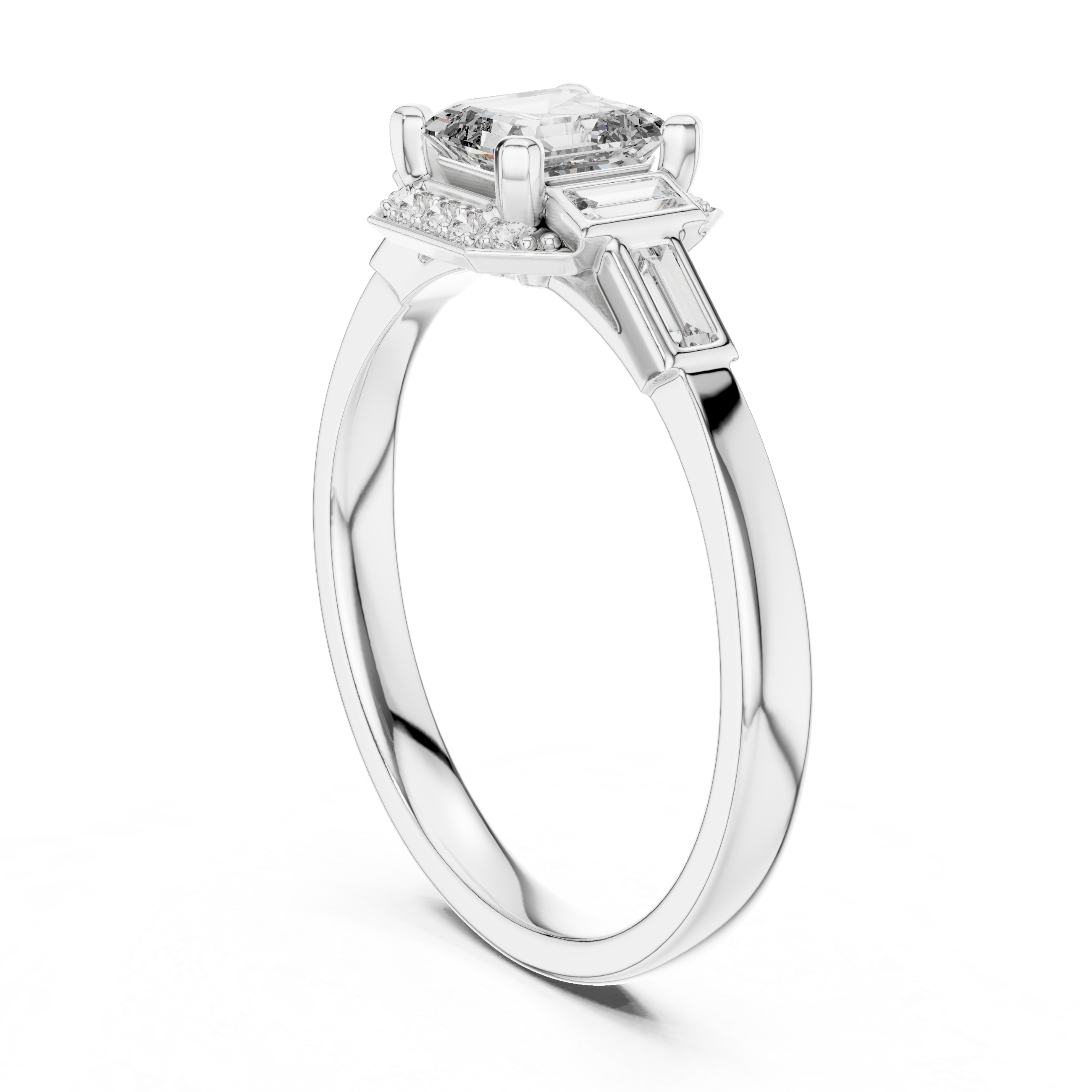 White gold radiant halo engagement ring with square center stone and side diamonds