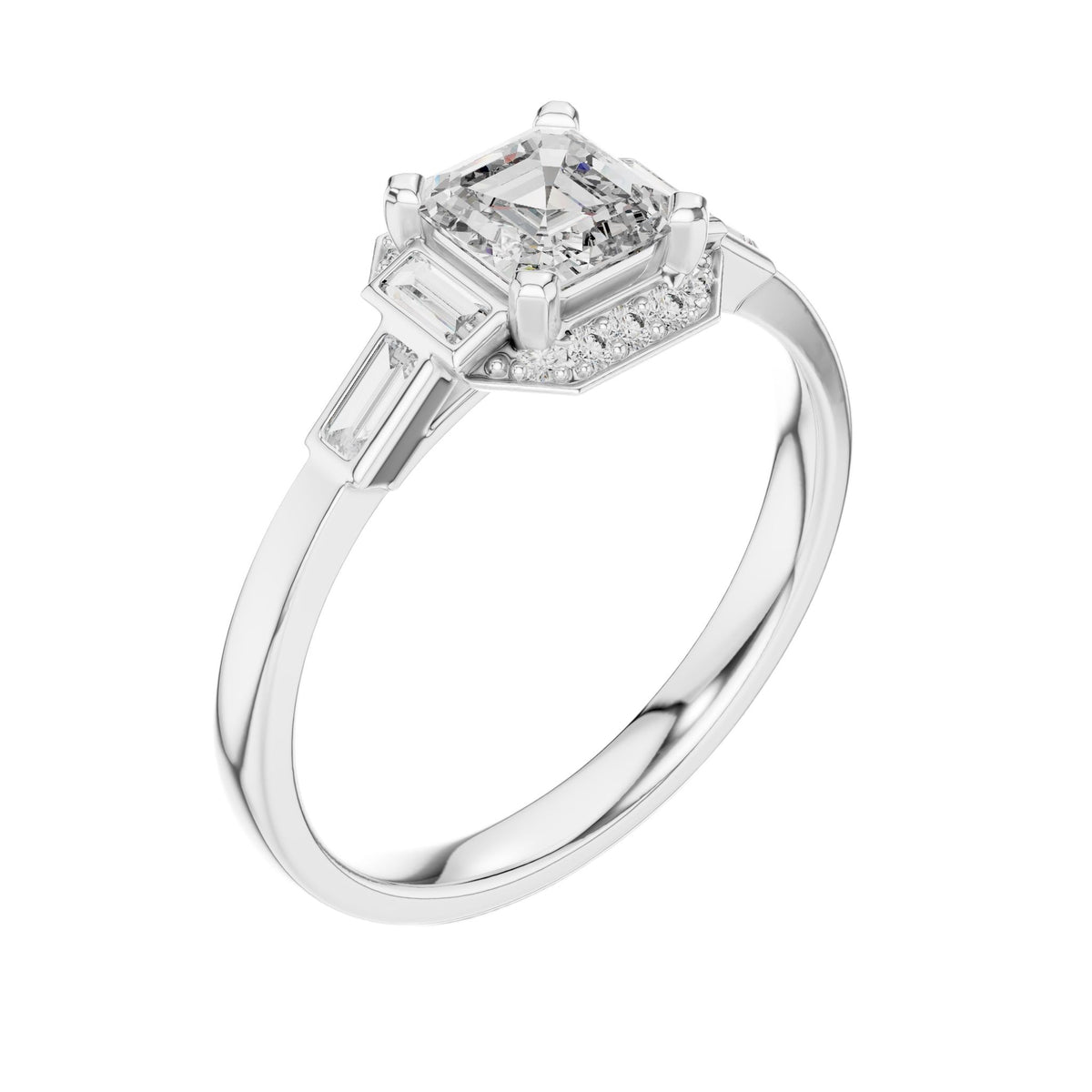White gold radiant halo engagement ring, side view with square center stone