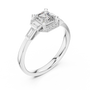 White gold radiant halo engagement ring, side view with square center stone