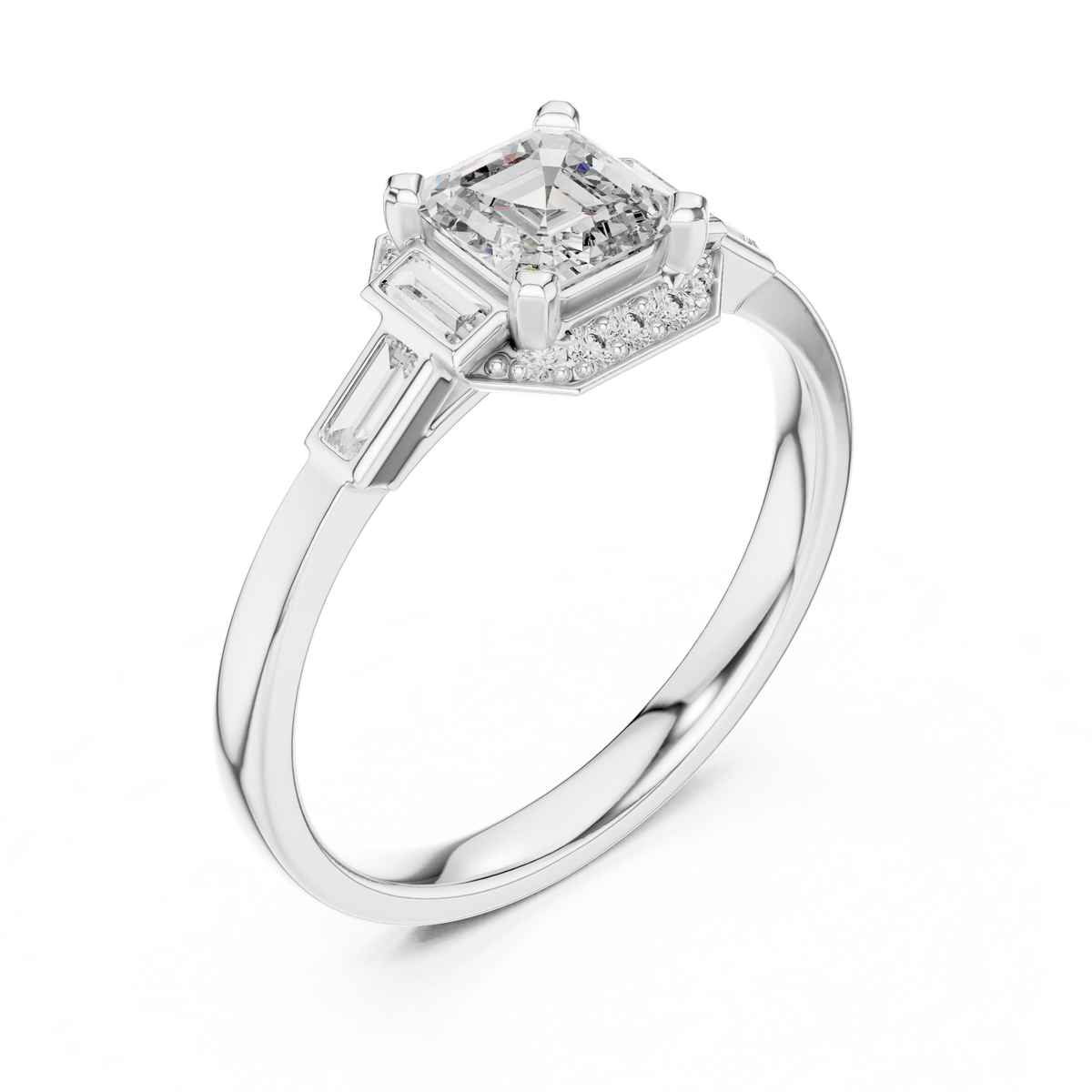 White gold radiant halo engagement ring, side view with square center stone