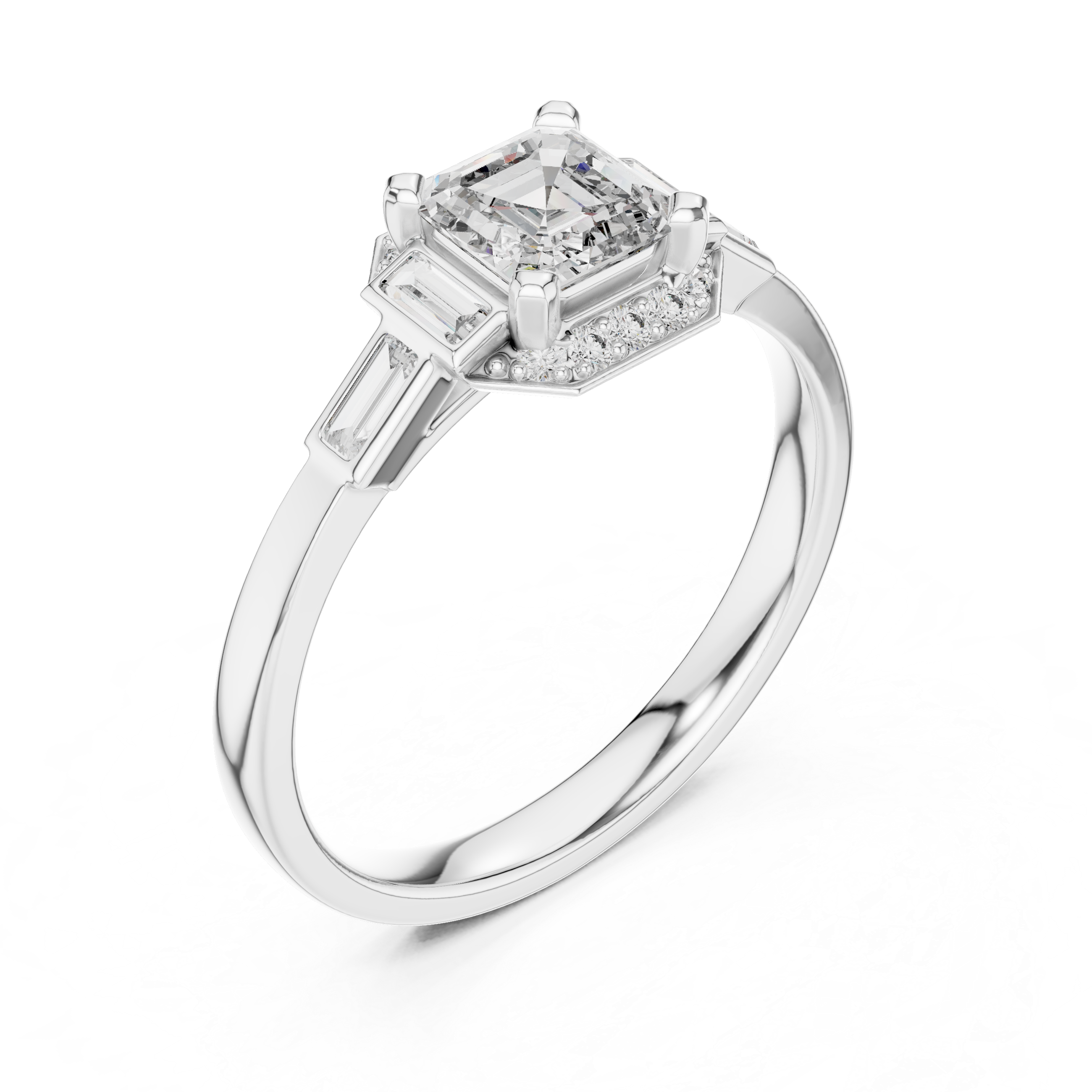 White gold radiant halo engagement ring, side view with square center stone