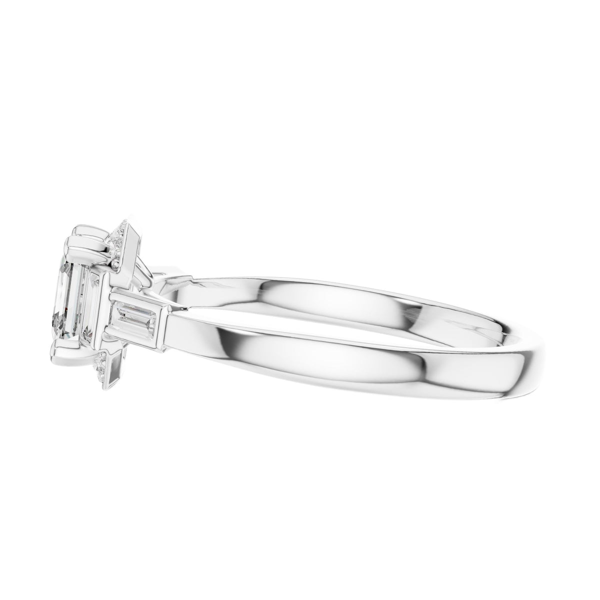 White gold radiant halo engagement ring, profile view with prongs
