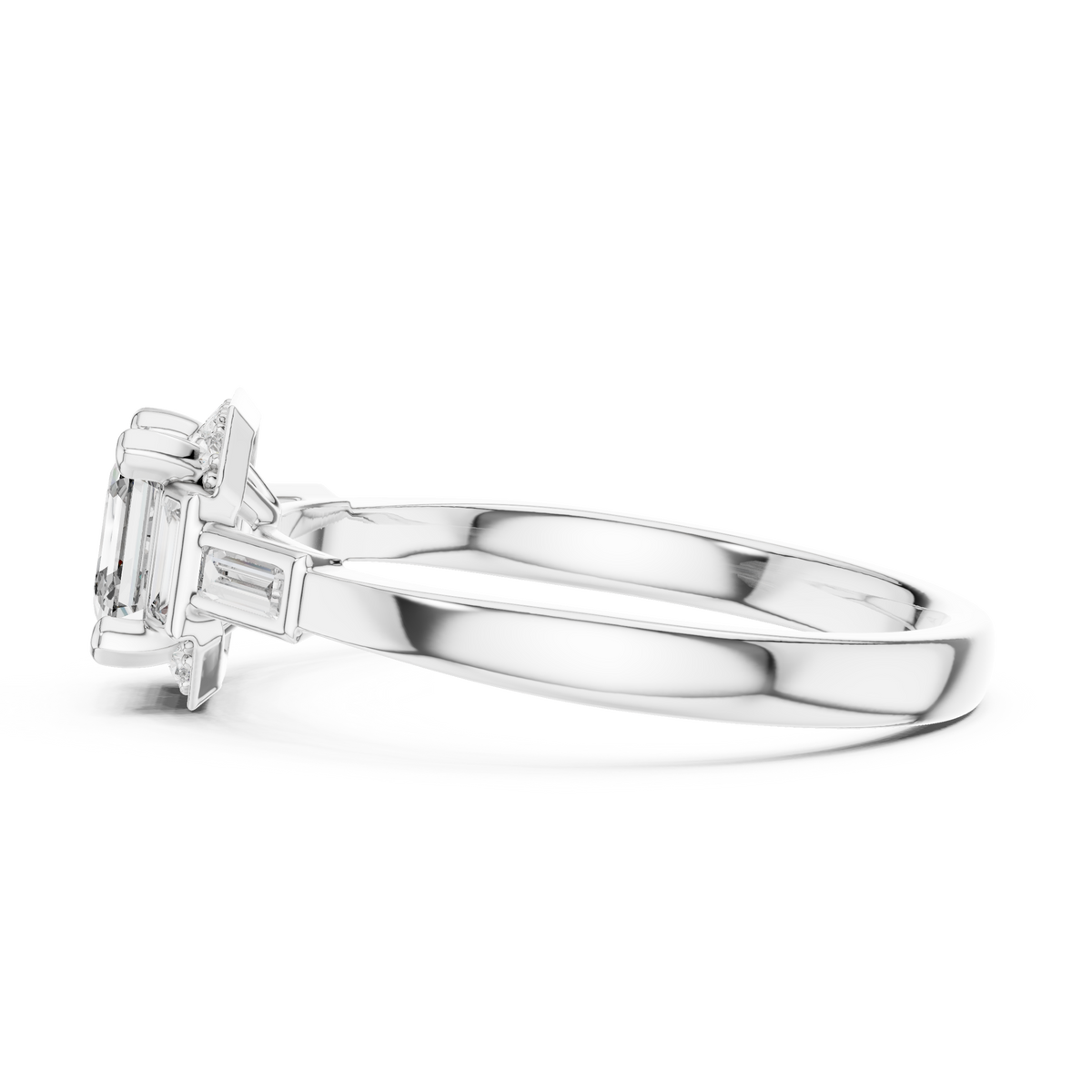 White gold radiant halo engagement ring, profile view with prongs