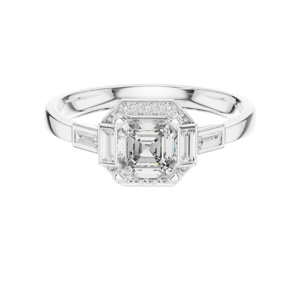 White gold radiant halo engagement ring, top view with square center stone