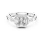 White gold radiant halo engagement ring, top view with square center stone