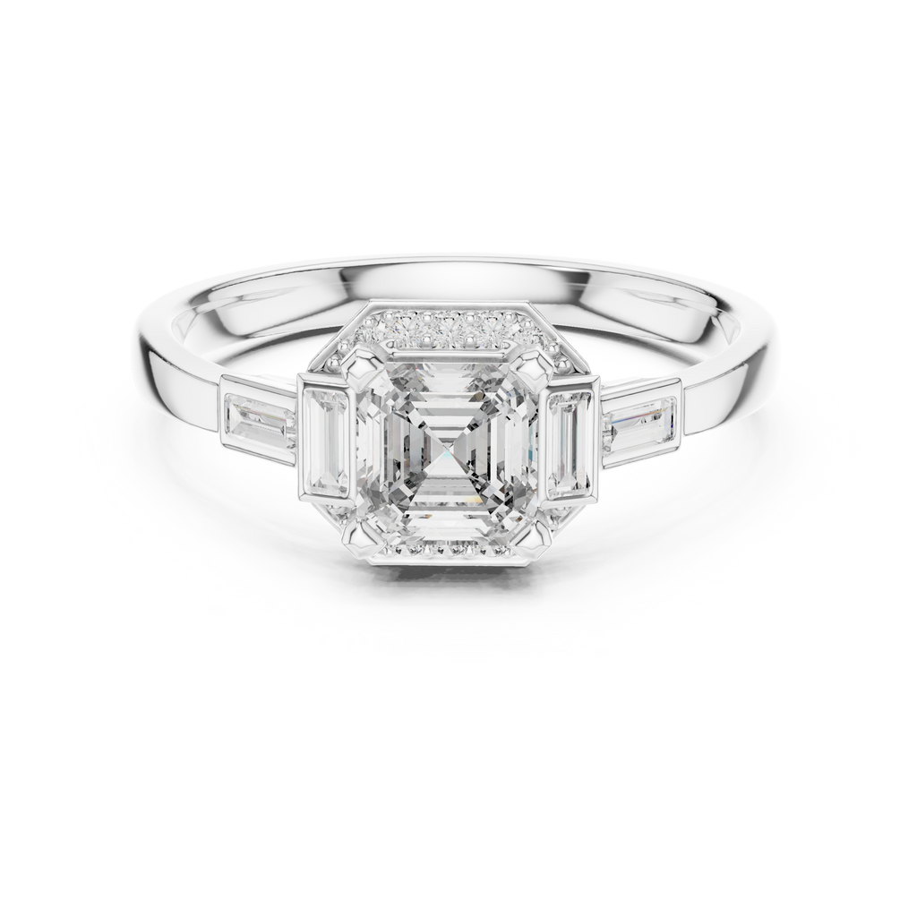 White gold radiant halo engagement ring, top view with square center stone