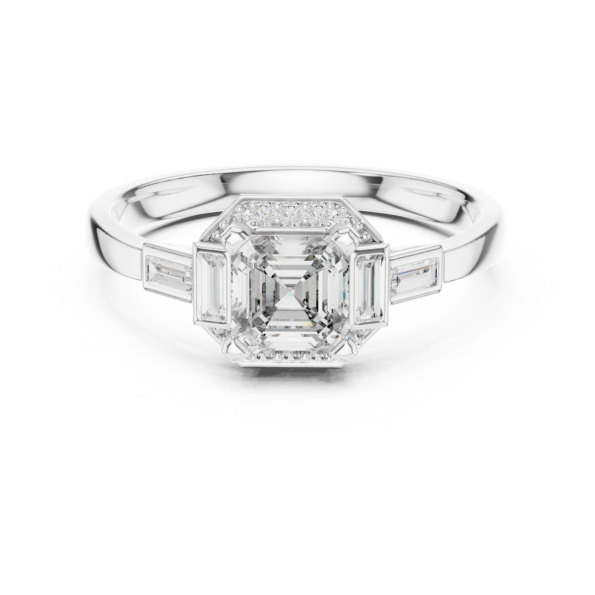 White gold radiant halo engagement ring, top view with square center stone