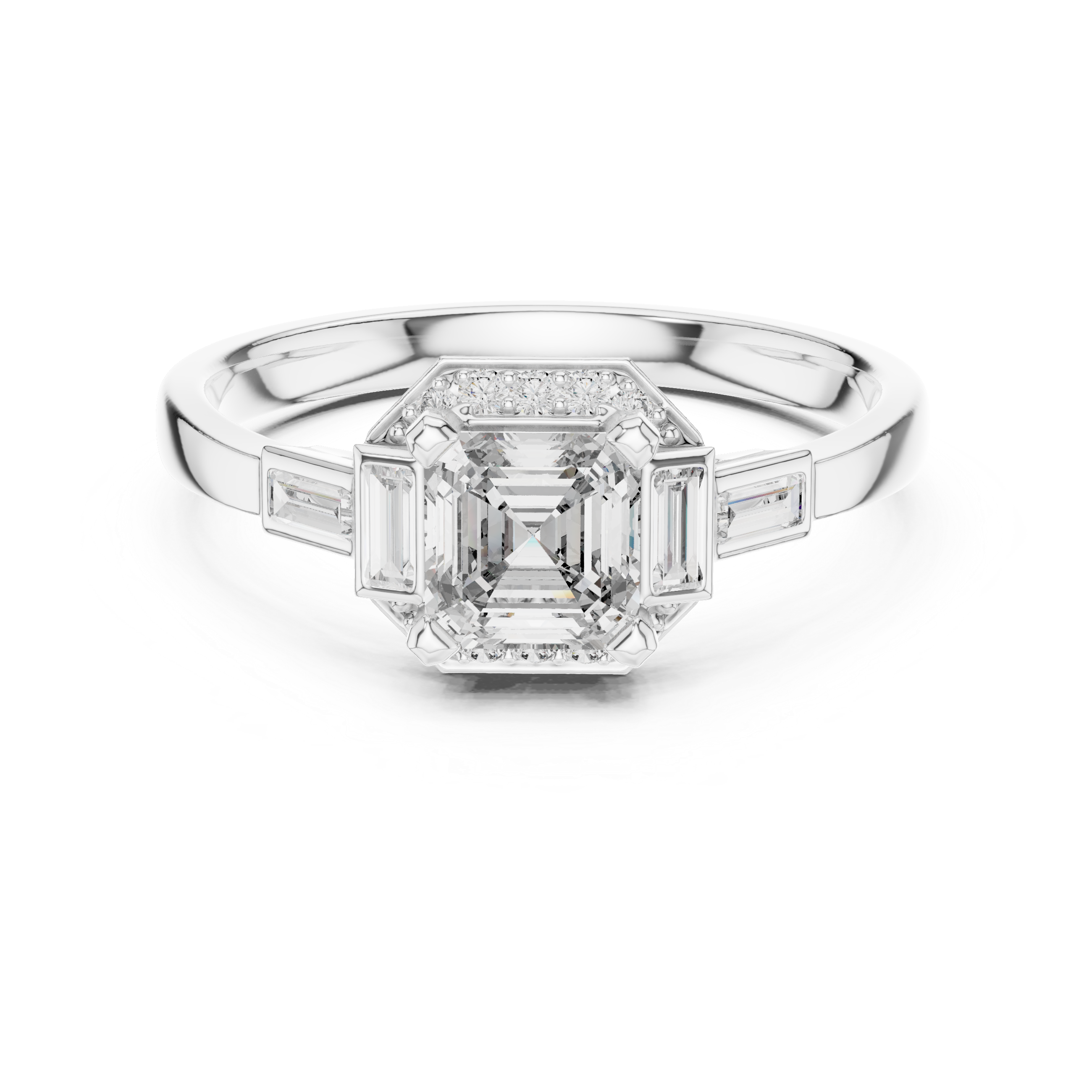 White gold radiant halo engagement ring, top view with square center stone