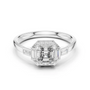 White metal ring with square radiant center stone and geometric diamond halo
