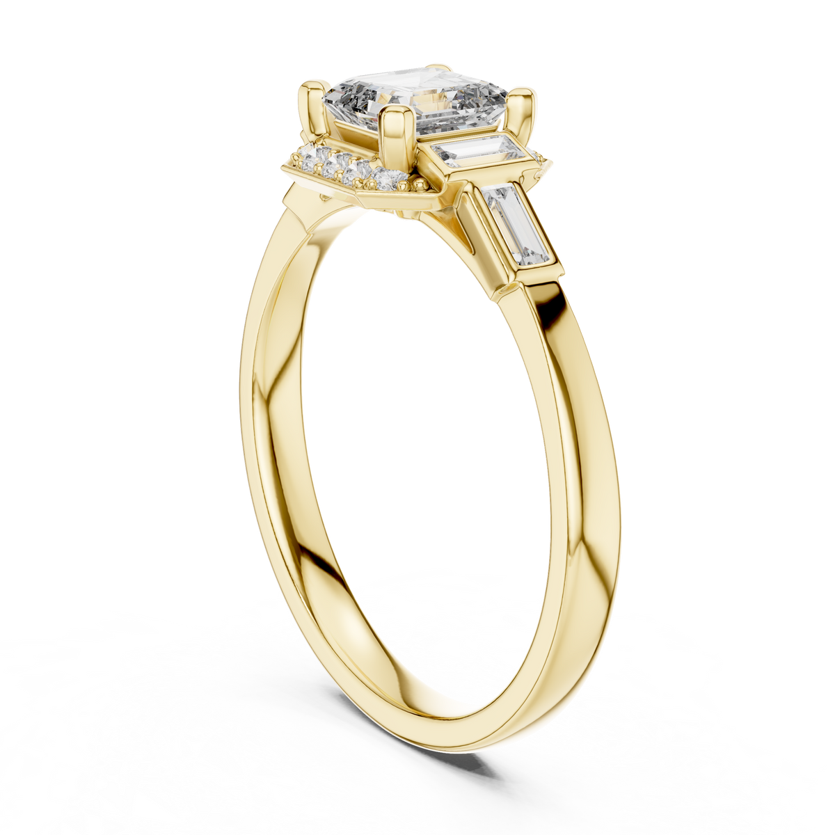 Yellow gold ring with square radiant center stone and geometric diamond halo