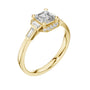Yellow gold square radiant halo ring with baguette side stones