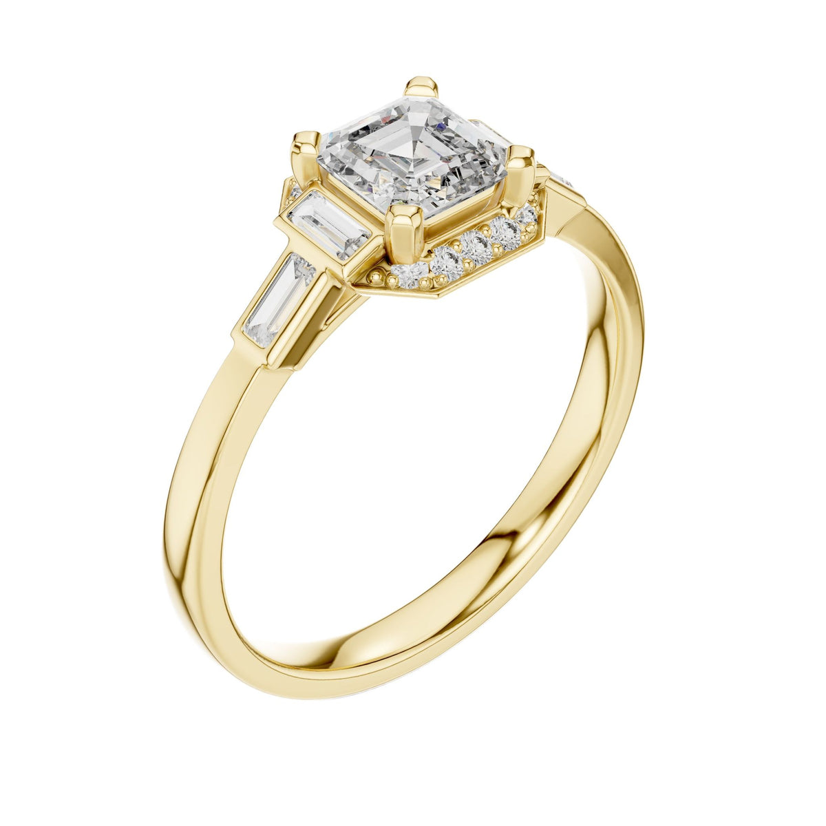Yellow gold square radiant halo ring with baguette side stones