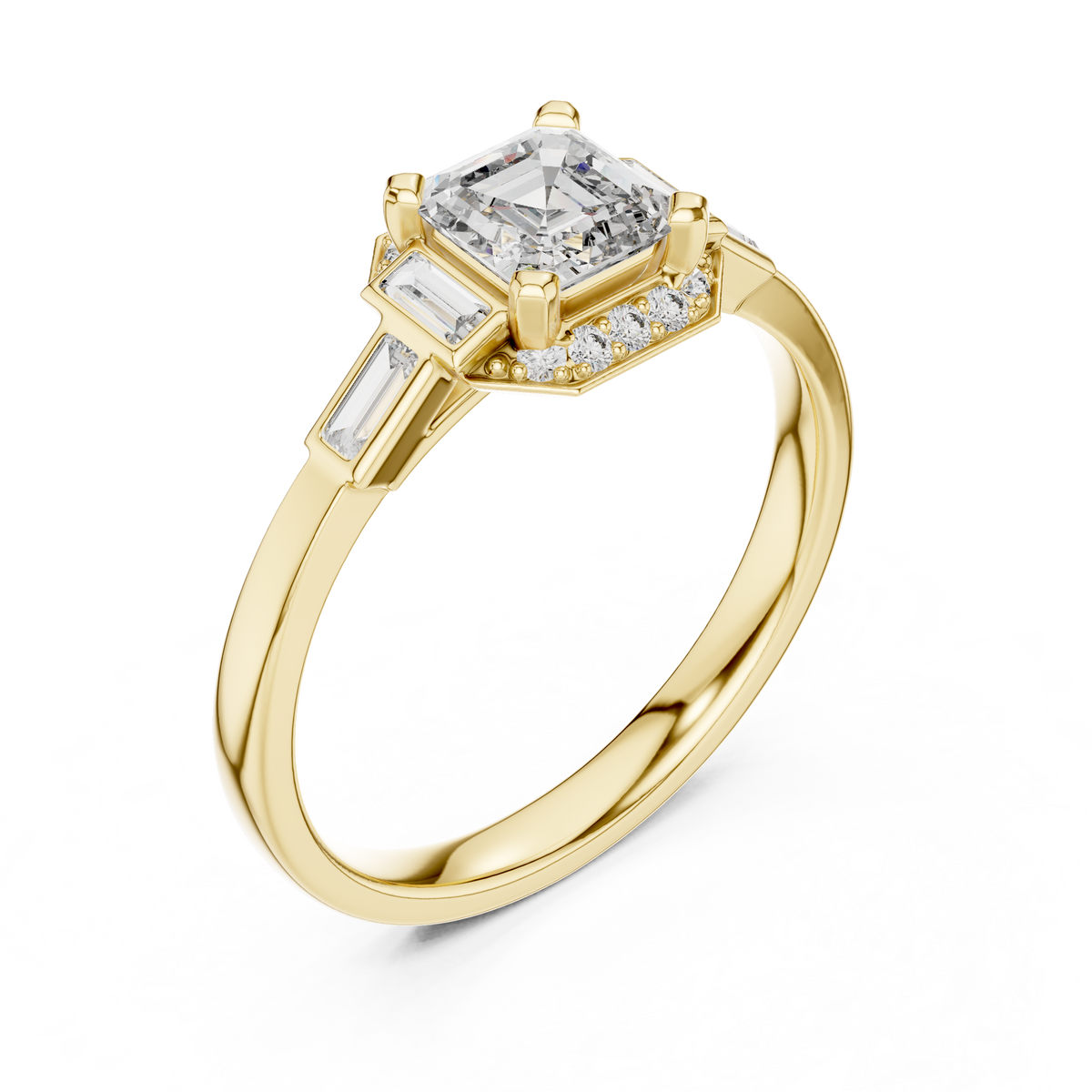 Yellow gold square radiant halo ring with baguette side stones