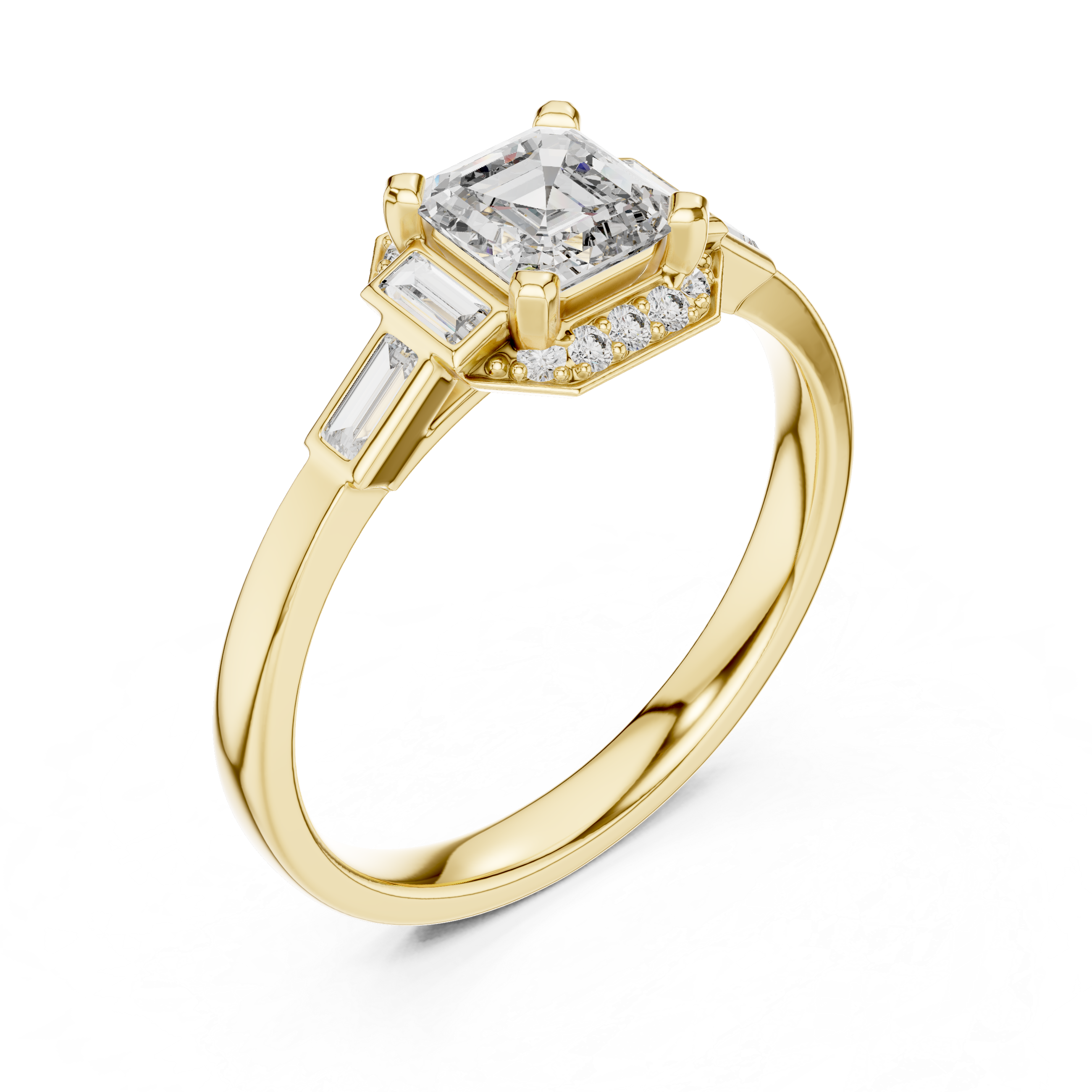Yellow gold radiant halo engagement ring, side view with square center stone