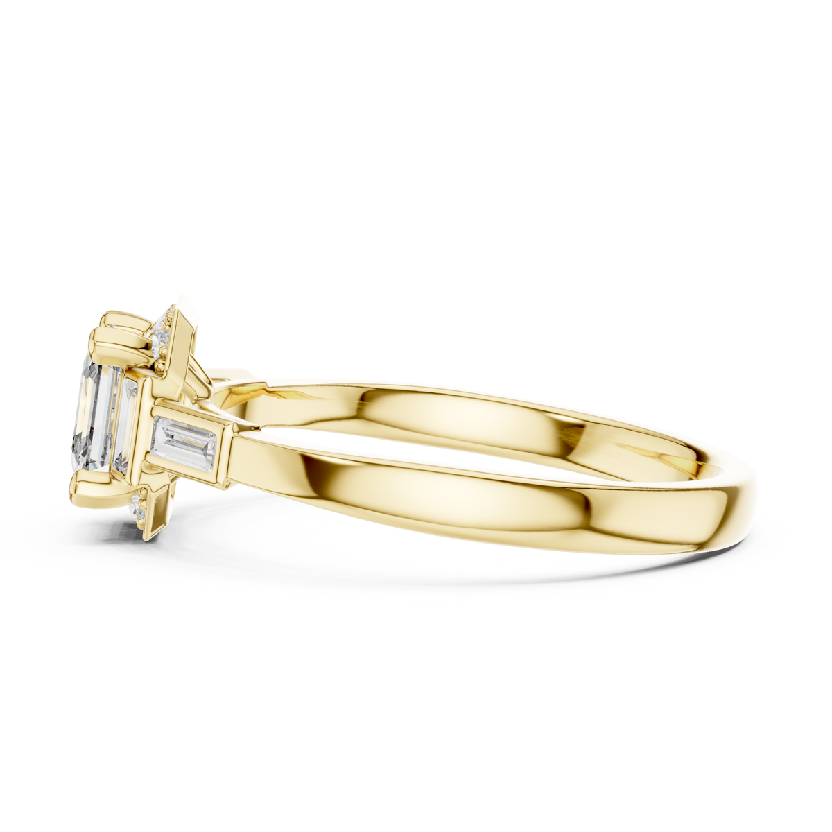 Yellow gold geometric halo ring, side profile with prong-set square stones