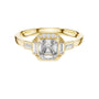 Yellow gold ring with square radiant center and baguette side stones under halo