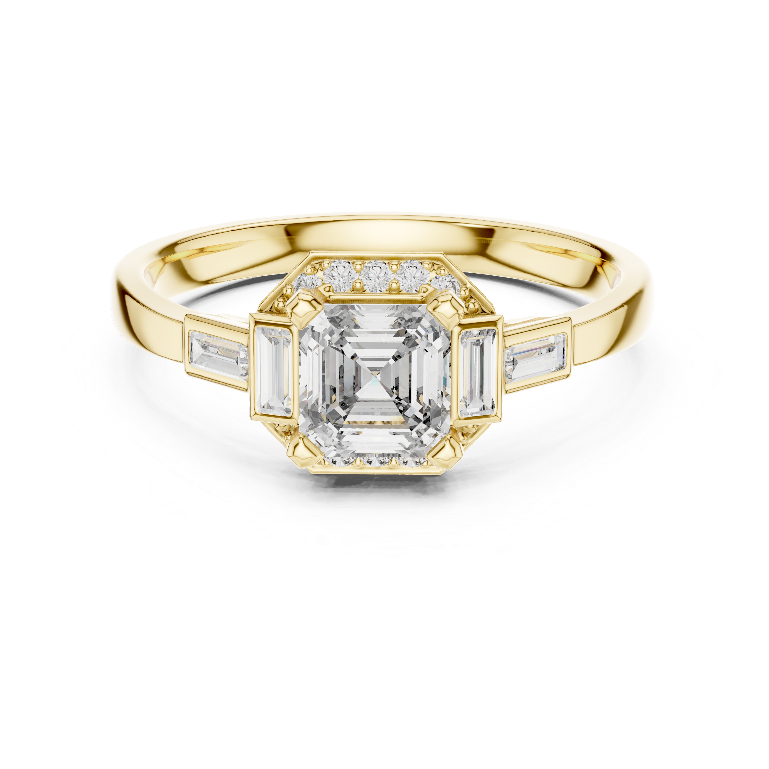 Yellow gold ring with square radiant center and baguette side stones under halo