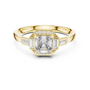Yellow gold ring with square radiant center and baguette side stones under halo