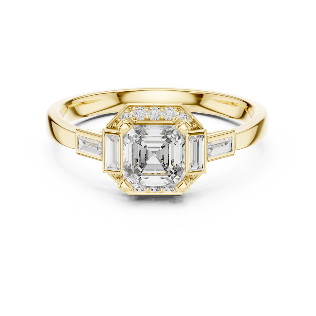 Square radiant vintage halo engagement ring, yellow gold band with geometric prongs
