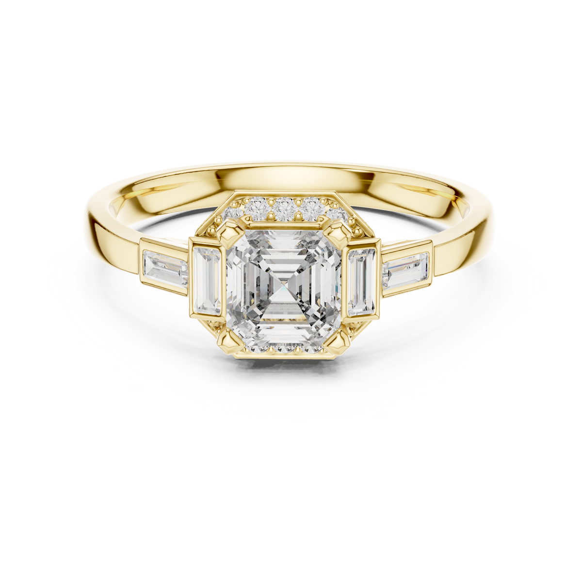 Yellow gold ring with square radiant center and baguette side stones under halo
