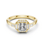 Yellow gold square radiant halo ring with baguette side stones and octagonal frame