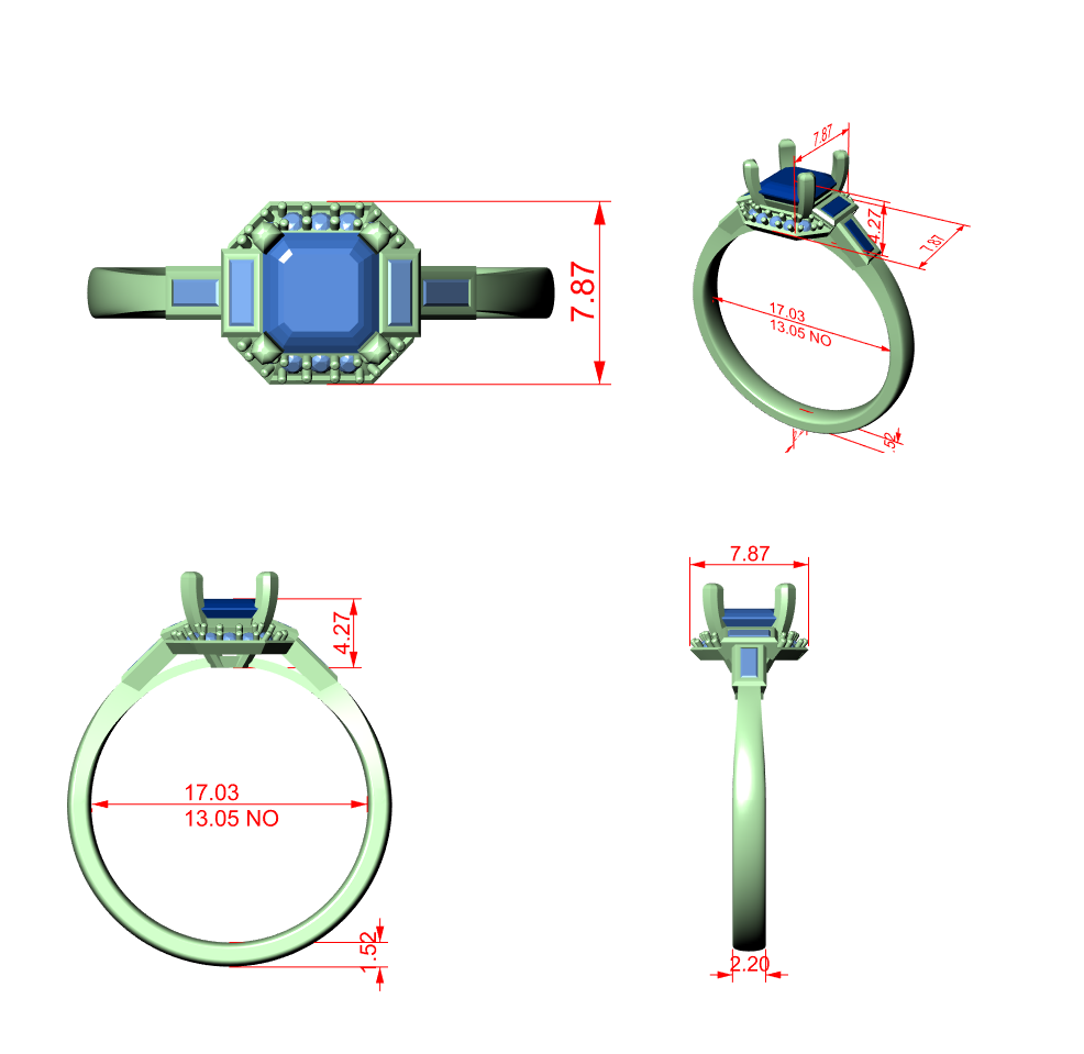 Radiant-cut square gemstone ring diagram with measurements and side view