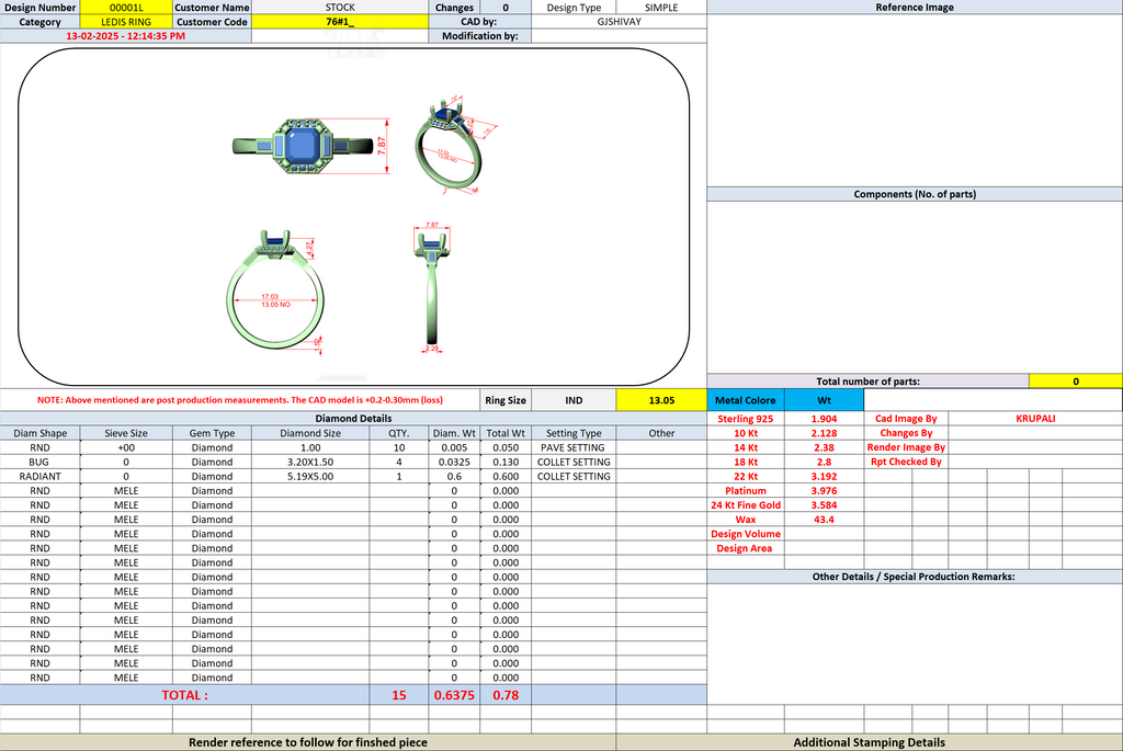 Ring design sheet with dimensions, metal type table, and components list