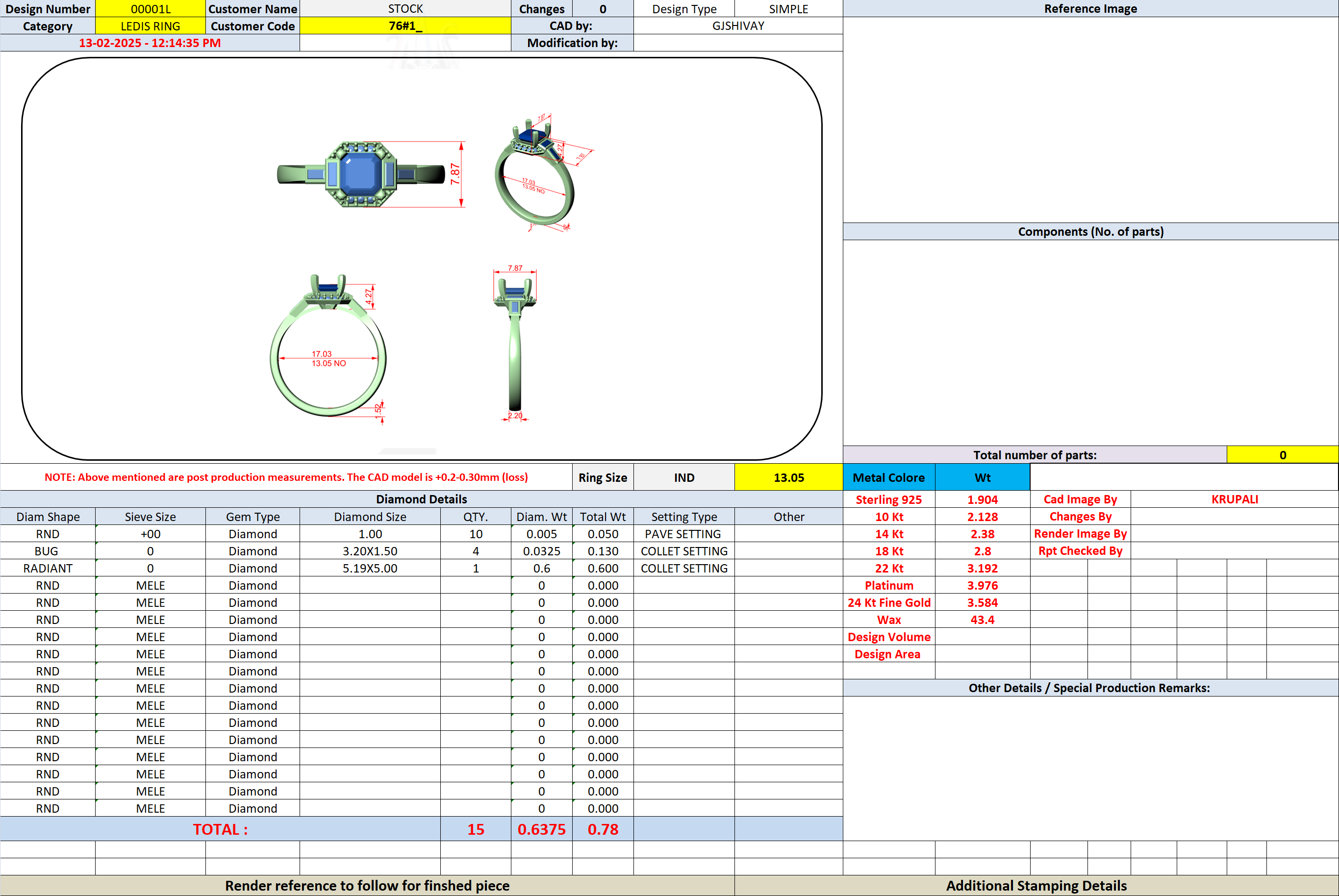 Ring design sheet with dimensions, metal type table, and components list