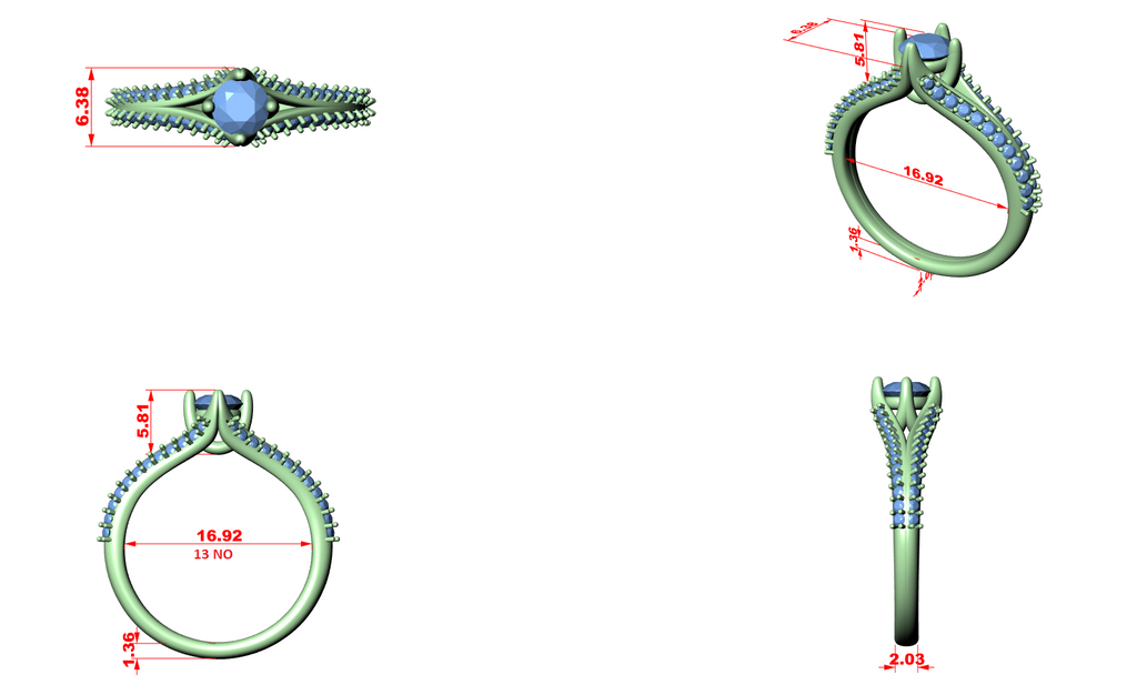 Pavé split-shank engagement ring with round center diamond, side view (diagram)