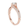 Rose gold pavé split-shank engagement ring with round center diamond, angled view
