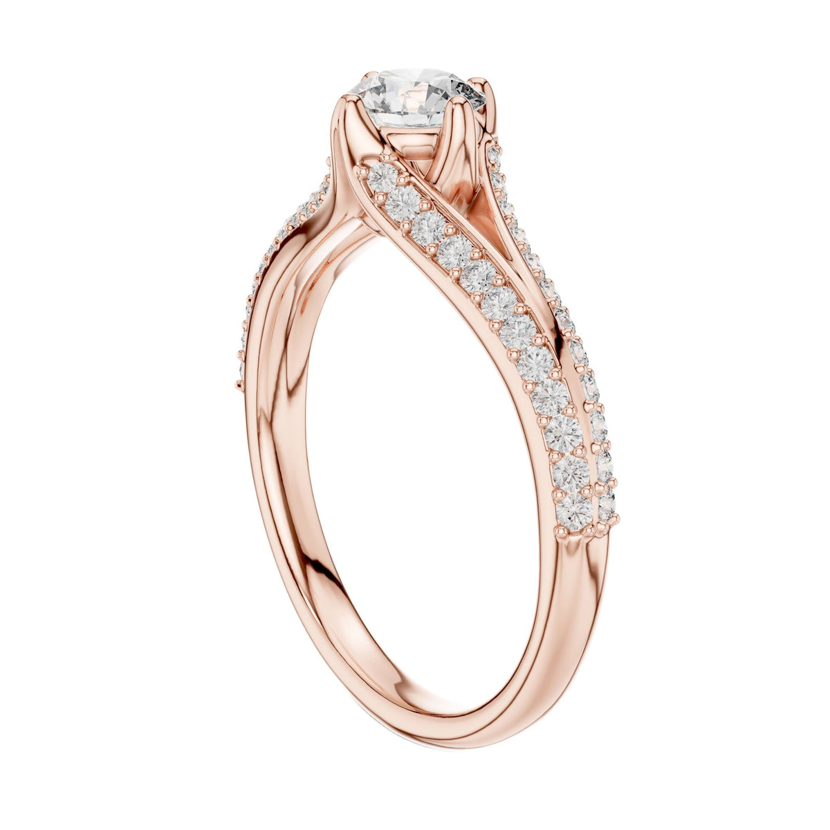 Rose gold pavé split-shank engagement ring with round center diamond, angled view