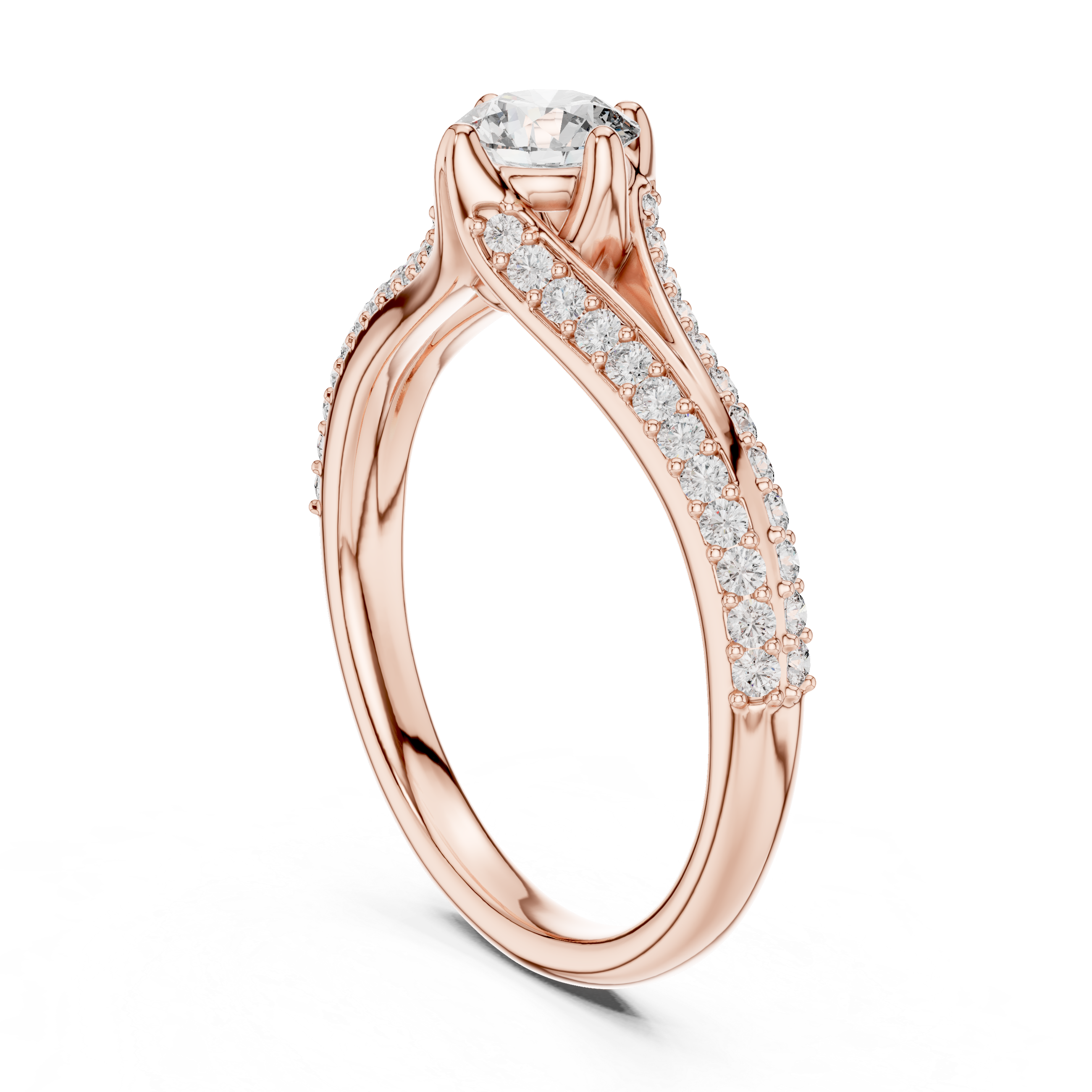 Rose gold pavé split-shank engagement ring with round center diamond, angled view