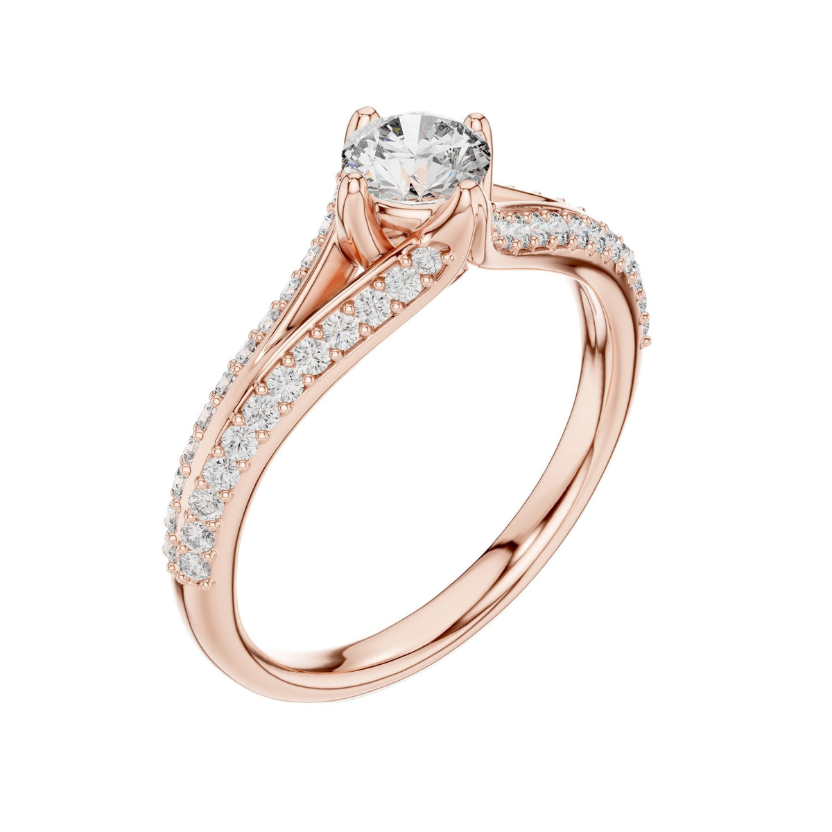 Rose gold pavé split-shank engagement ring with round center diamond, angled side view