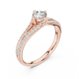 Rose gold pavé split-shank engagement ring with round center diamond, angled side view