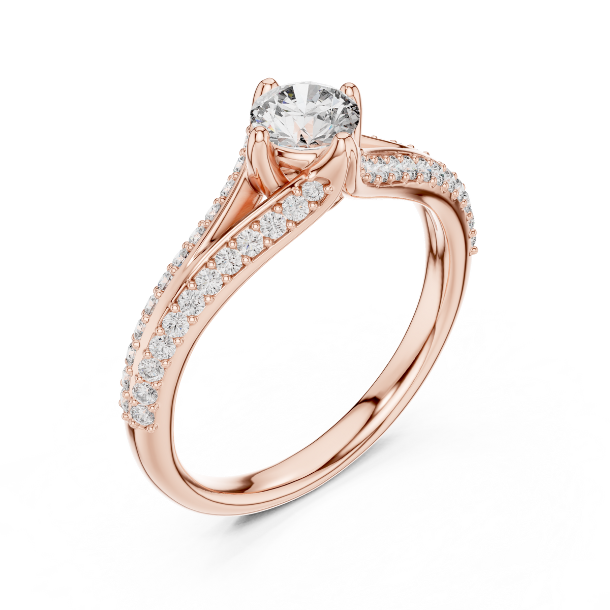 Rose gold pavé split-shank engagement ring with round center diamond, angled side view
