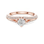 Rose gold pavé split-shank engagement ring with round center diamond, top view