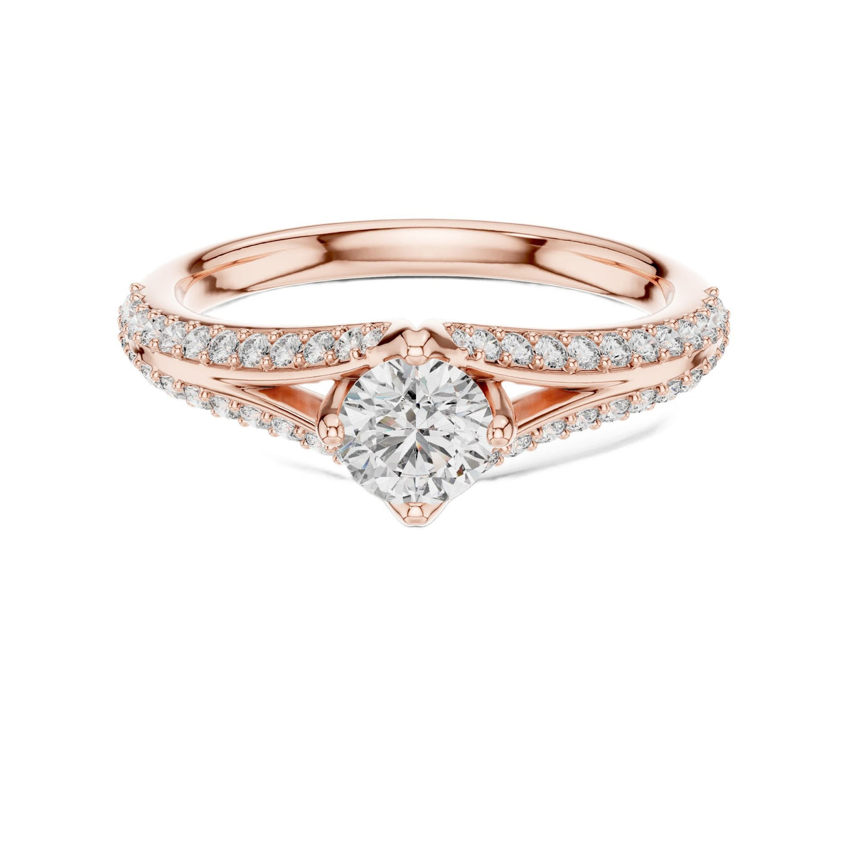 Rose gold pavé split-shank engagement ring with round center diamond, top view