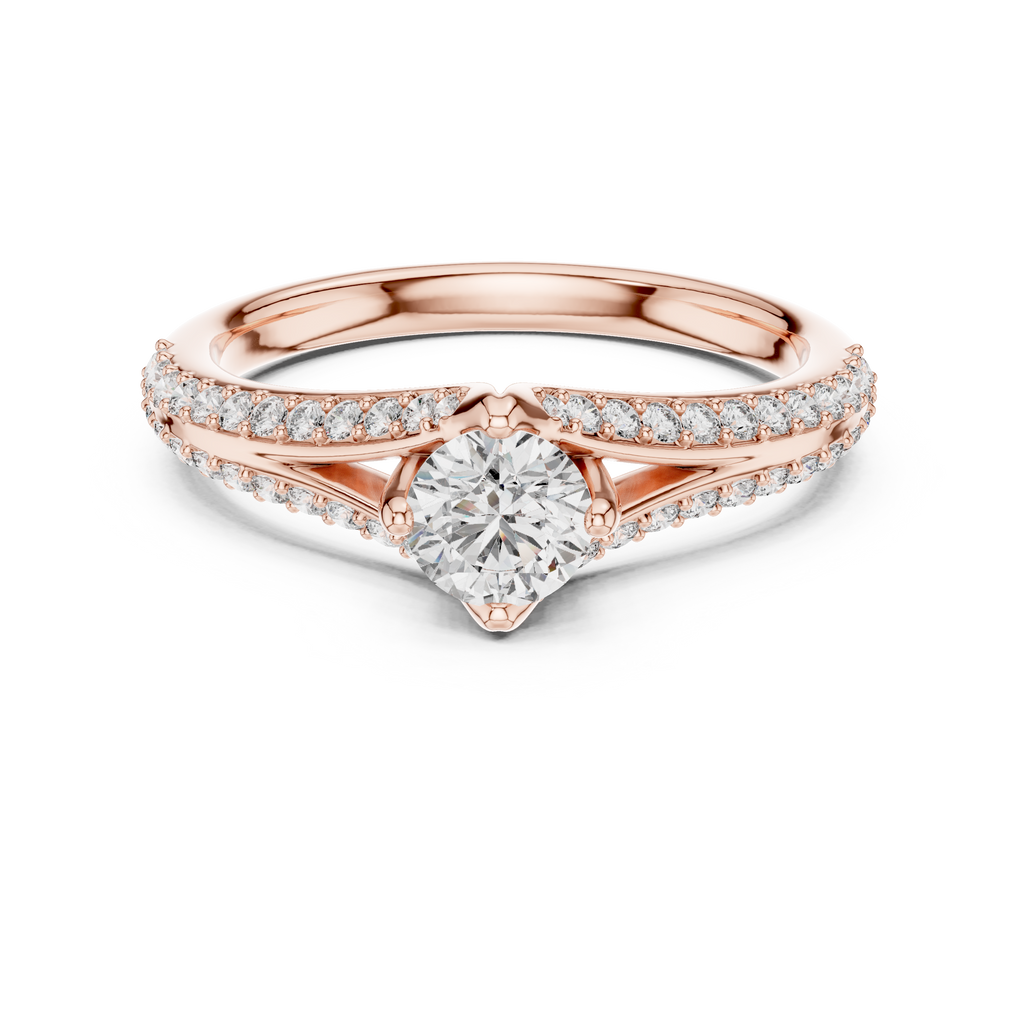 Rose gold pavé split-shank engagement ring with round center diamond, top view