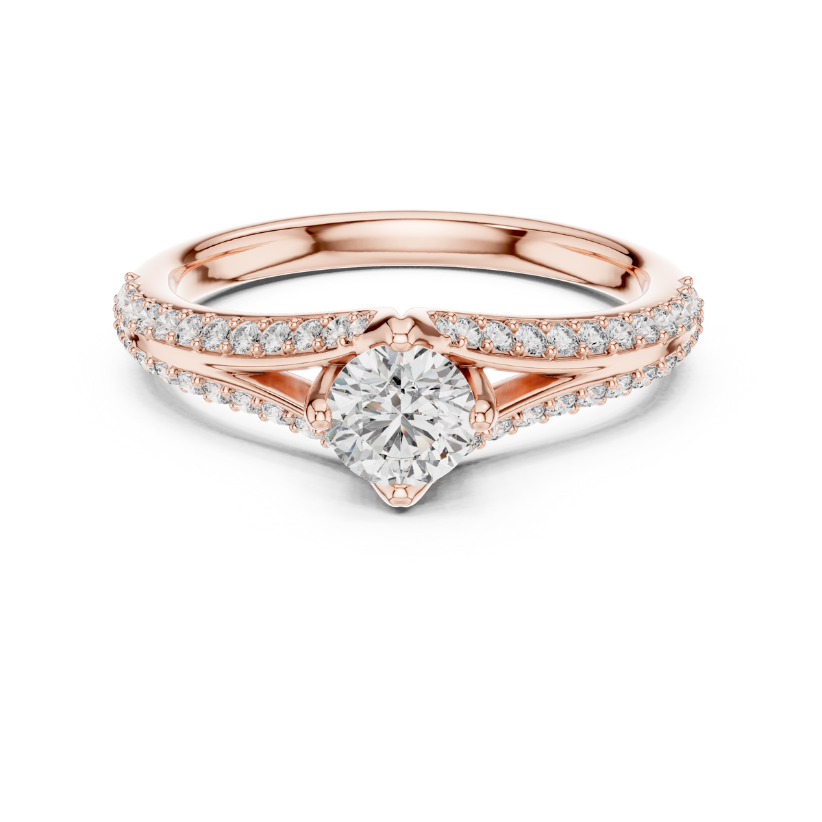 Rose gold pavé split-shank engagement ring with round center diamond, top view