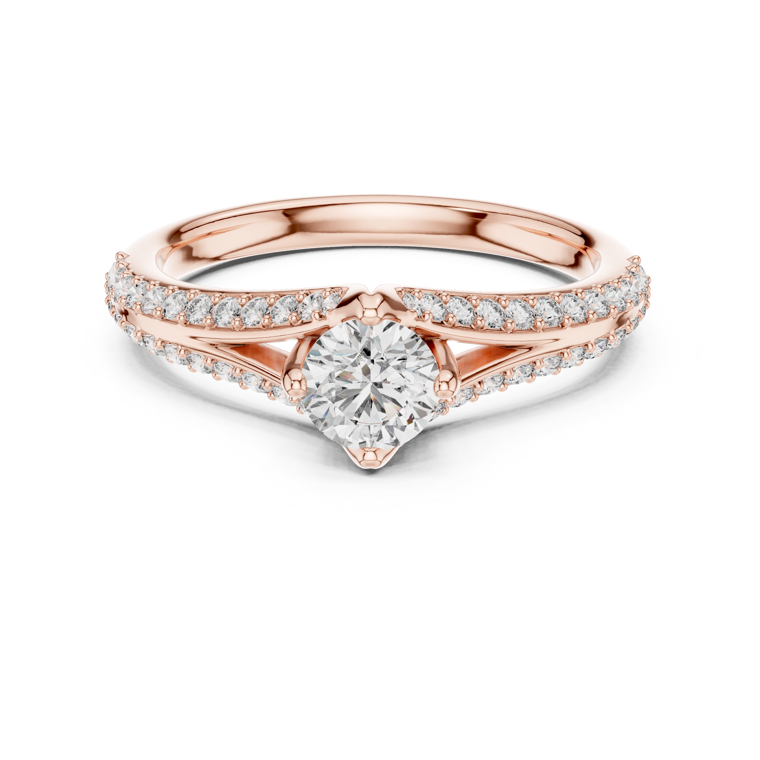 Rose gold pavé split-shank engagement ring with round center diamond, top view
