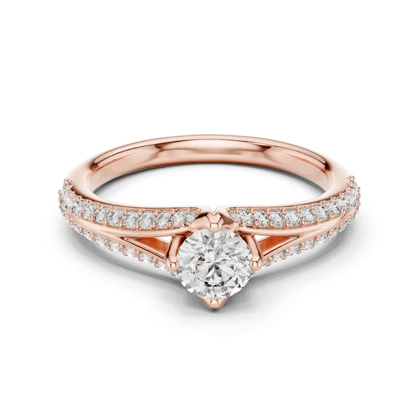 Rose gold split shank diamond ring with round center diamond and pavé side rows