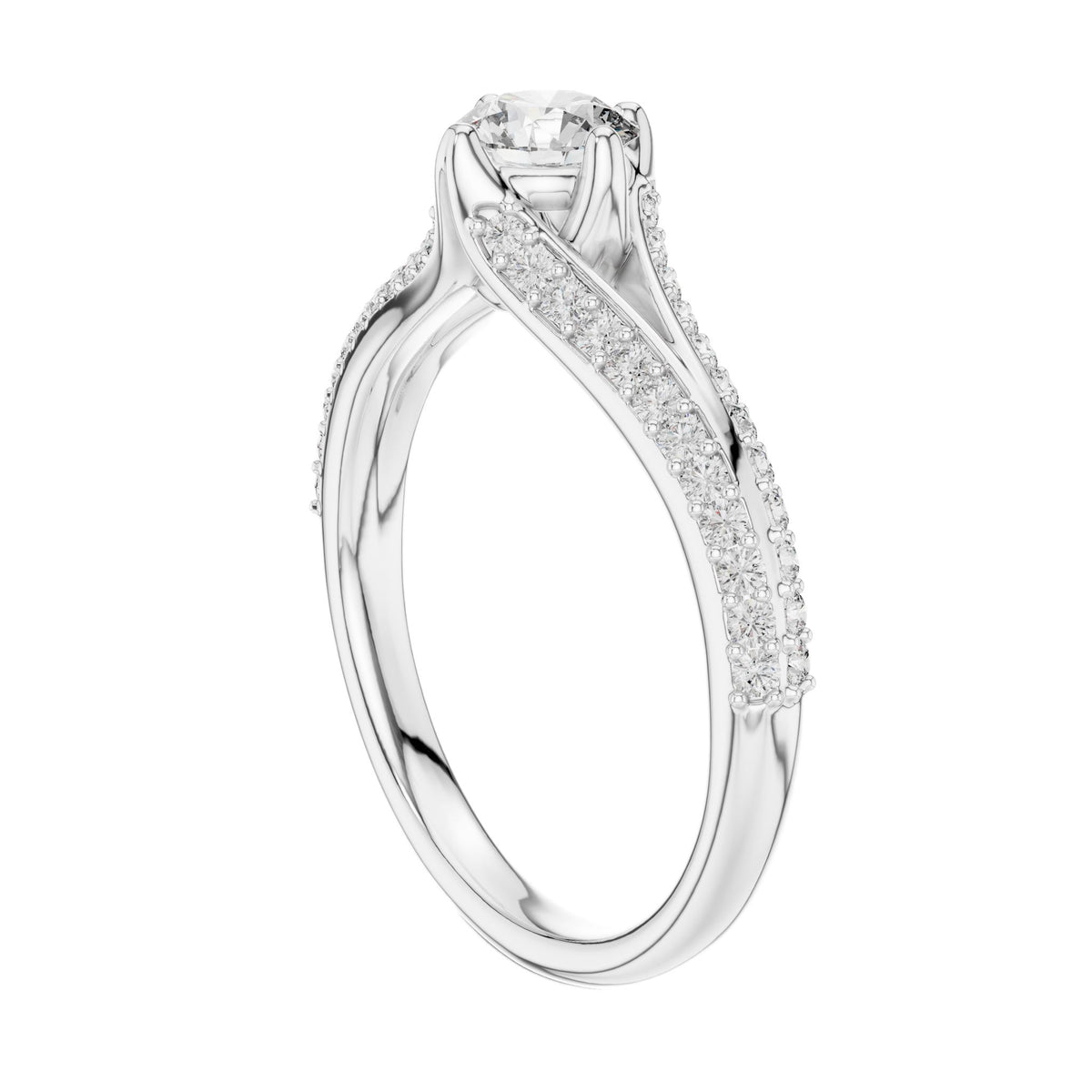 White gold pavé split-shank engagement ring with round center diamond, angled view