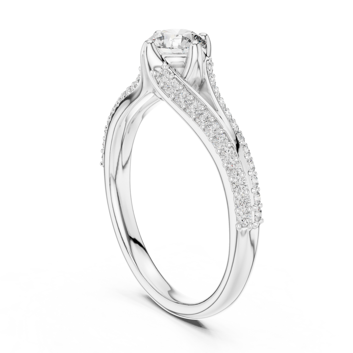 White gold pavé split-shank engagement ring with round center diamond, angled view