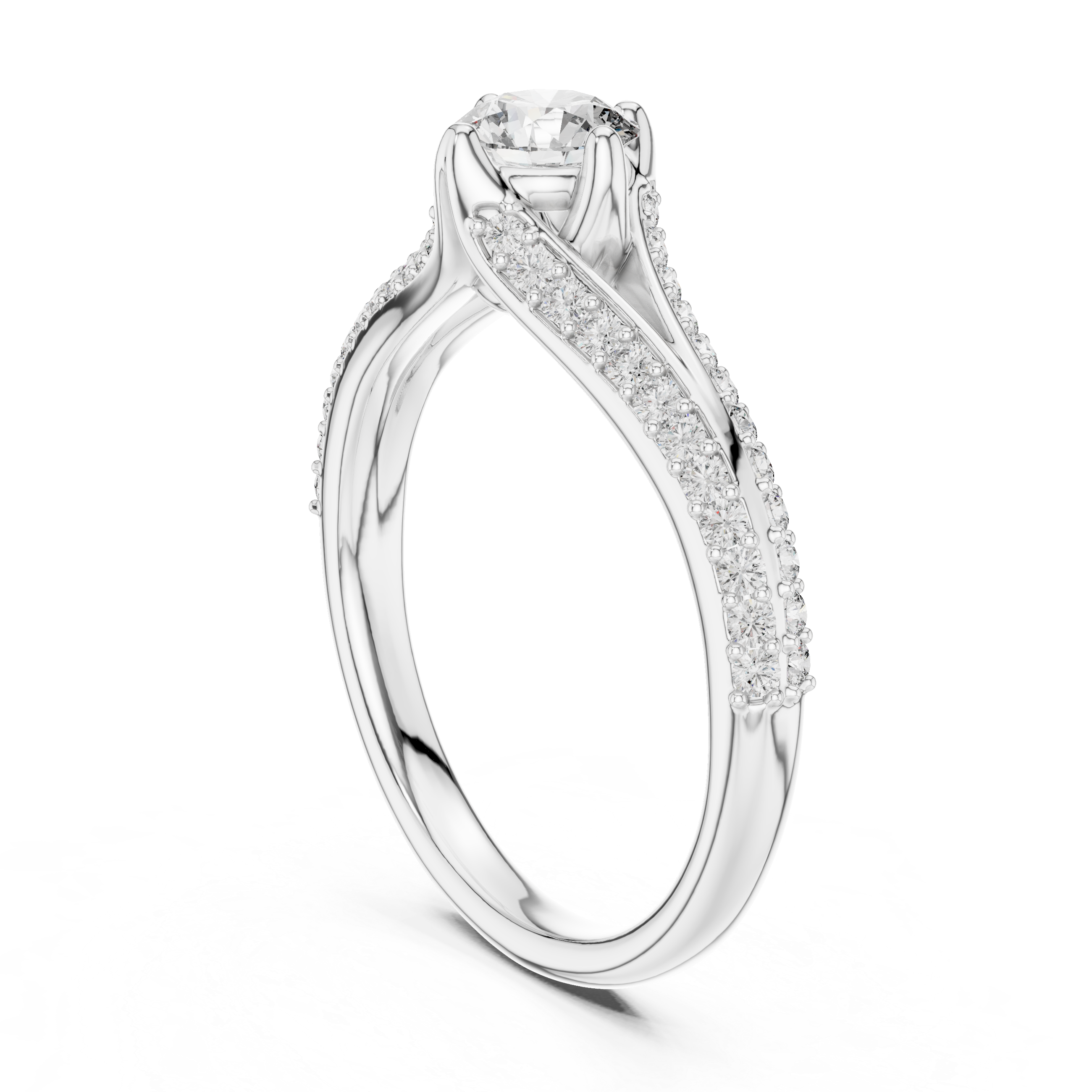 White gold pavé split-shank engagement ring with round center diamond, angled view