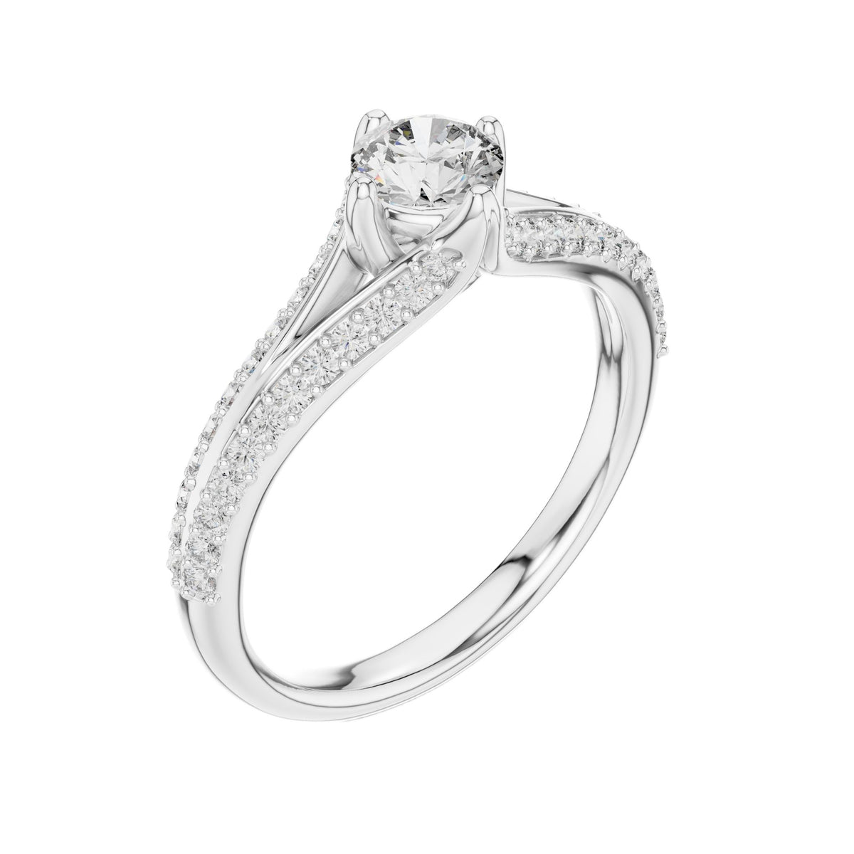 White gold pavé split-shank engagement ring with round center diamond, angled side view