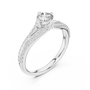 White gold pavé split-shank engagement ring with round center diamond, angled side view