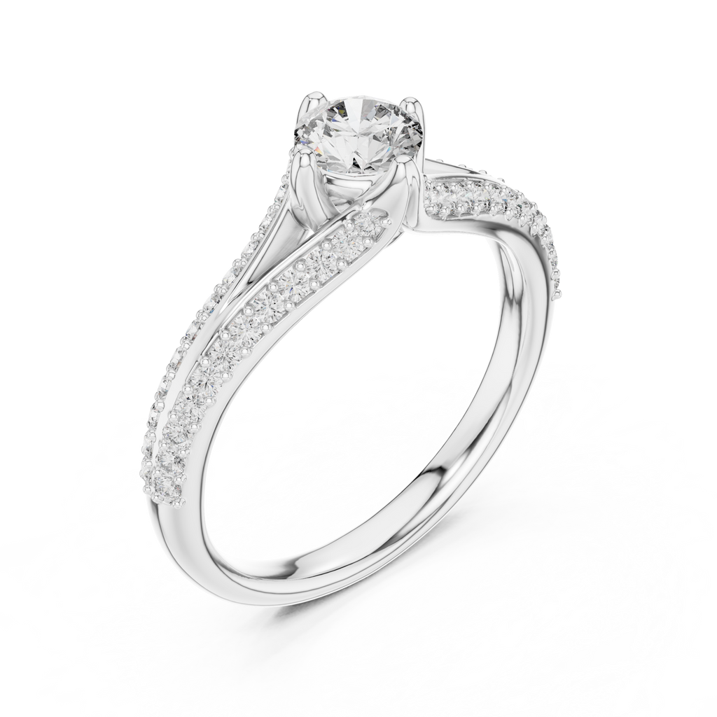 White gold pavé split-shank engagement ring with round center diamond, angled side view