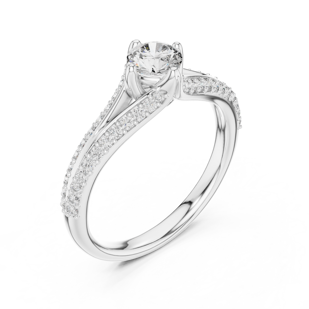 White gold pavé split-shank engagement ring with round center diamond, angled side view