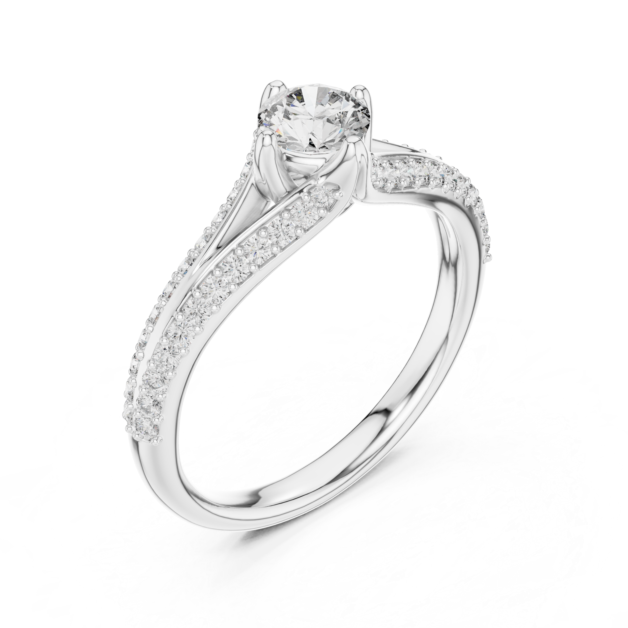 White gold pavé split-shank engagement ring with round center diamond, angled side view